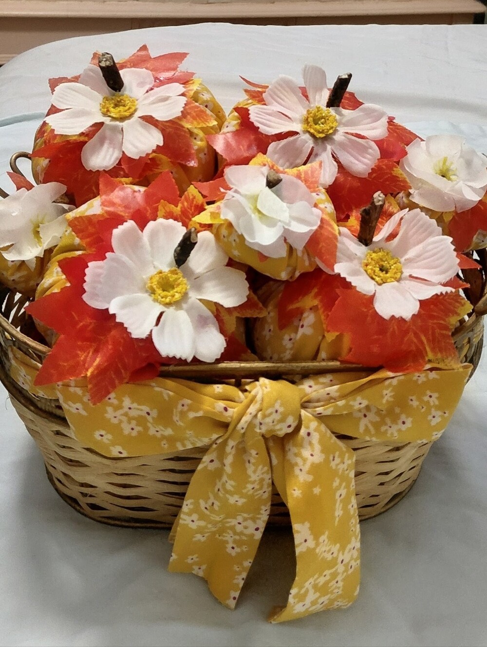 Autumn Basket with Yellow Fabric Bow, 8 Floral Pumpkins  Basket 27" Around